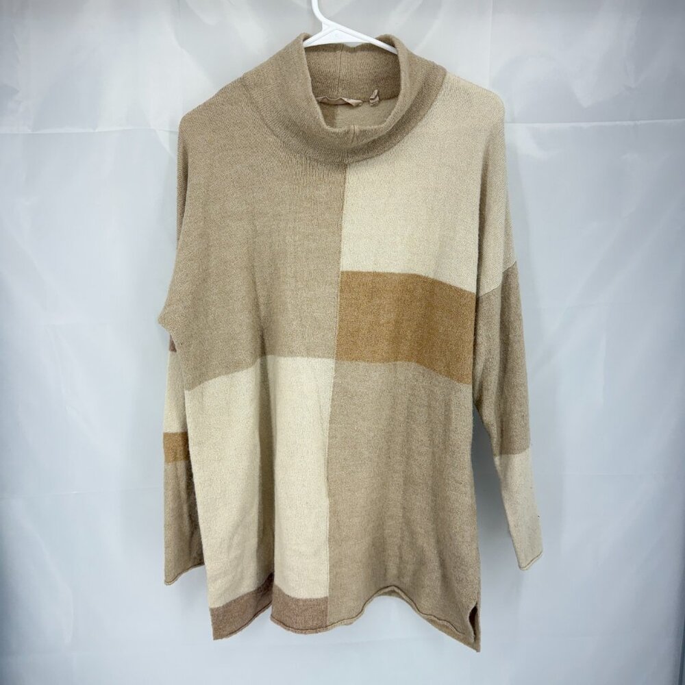 Soft Surroundings Women L Quadro Colorblock Tunic Sweater Mock Neck Brown Fleece